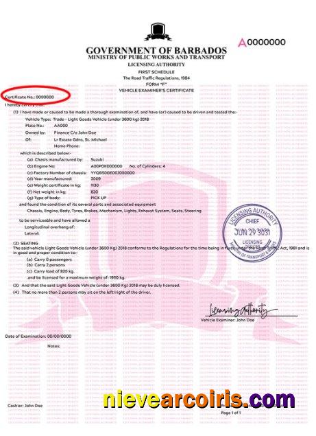 Barbados vehicle registration certificate